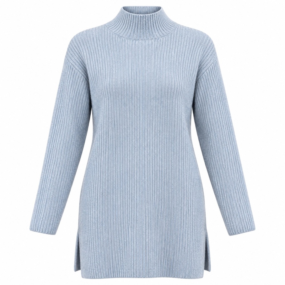 Saks Fifth Avenue Cashmere Sweater Size S Blue Ribbed Mock Neck Tunic Layering